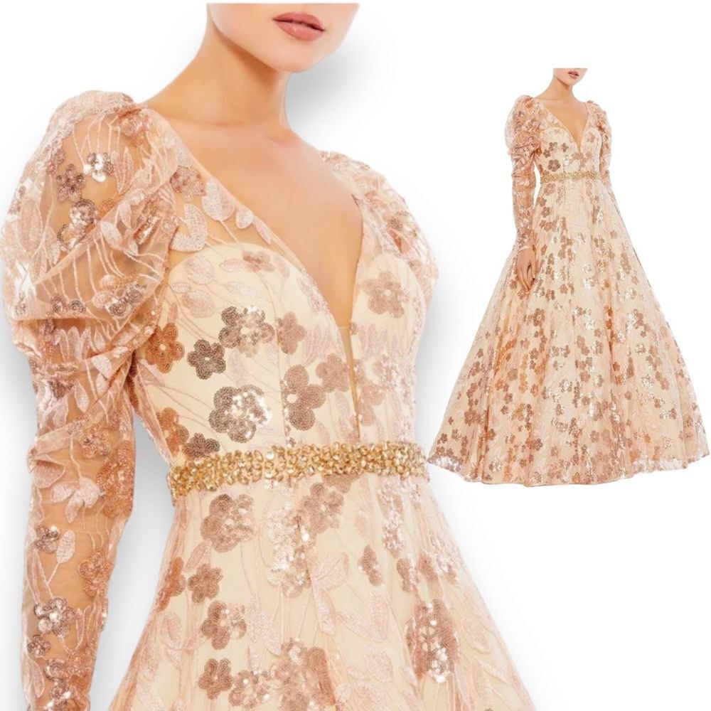 Mac Duggal Gown Womens 14 Floral Puff Sleeve Evening long sleeve Dress Ball‎